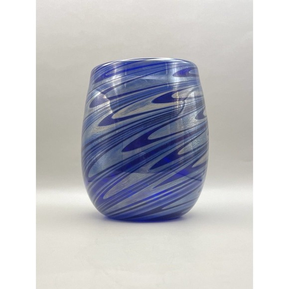 1992 Frederick Warren Art Cobalt Blue Glass Vase w/ Swirls of Blue & Silver - Picture 4 of 12